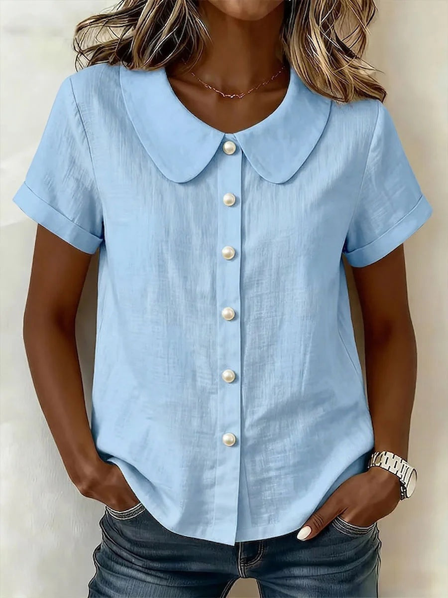 Womens Solid-Colored Short-Sleeve Casual Loose  Shirt