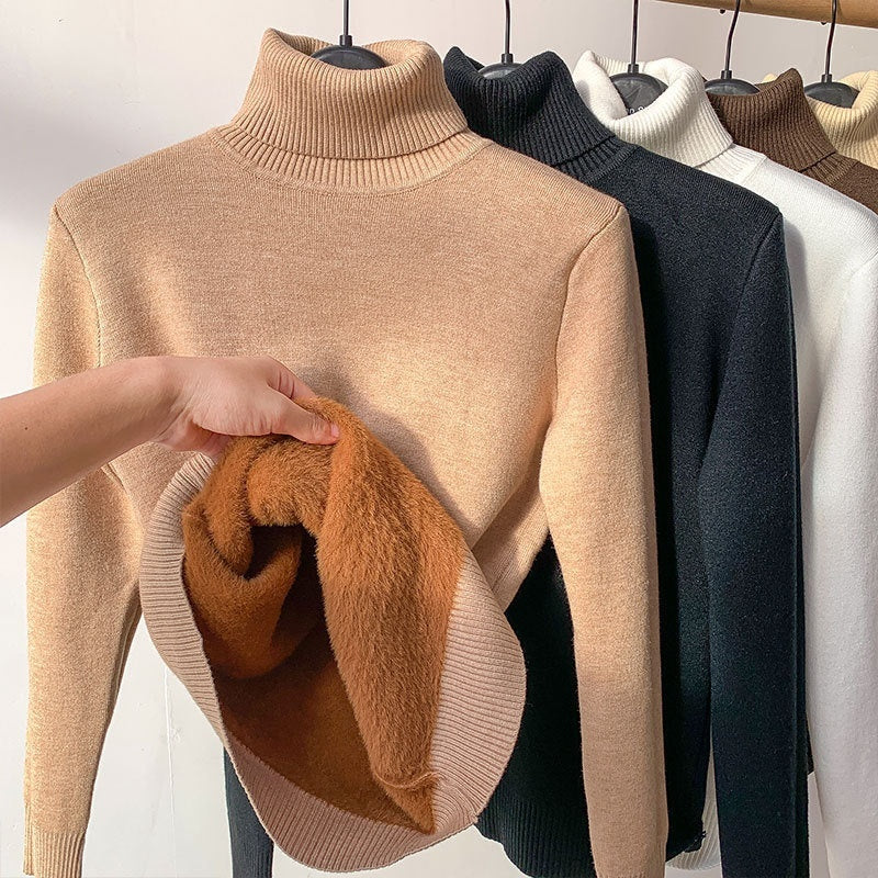 Fleece Turtle Neck Sweater Winter Warm Elegant Thick Knitted Pullover Tops Women's Clothing