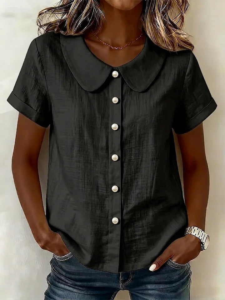 Womens Solid-Colored Short-Sleeve Casual Loose  Shirt