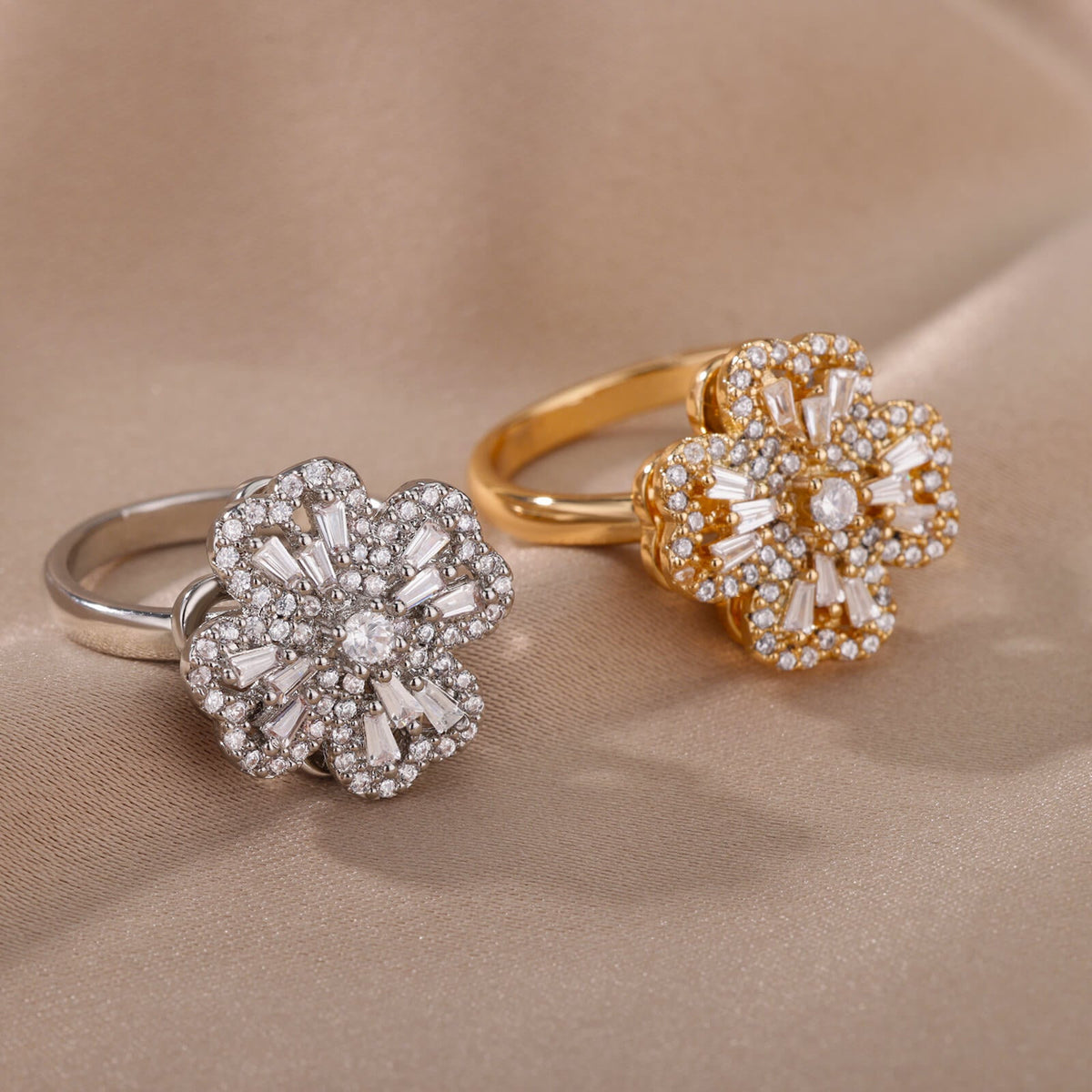 Rotatable Flower Fidget Ring - Rhinestone Spinner Ring