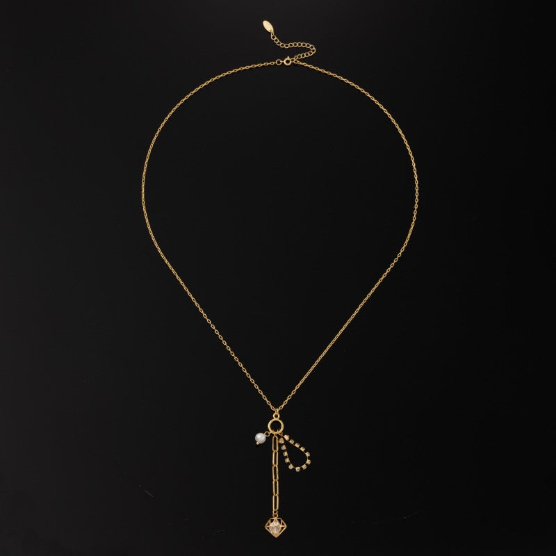Women's Gold-Plated Zircon Pendant Necklace - Box Chain Geometric Necklace
