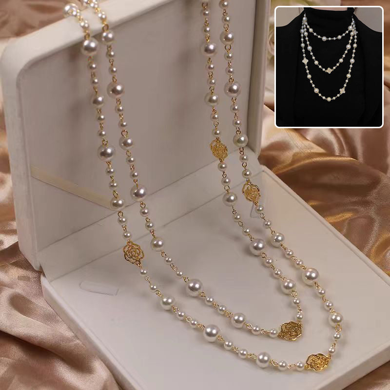 Retro Multi-layer Pearls Necklace Fashion Long Sweater Chain Versatile Accessories For Women