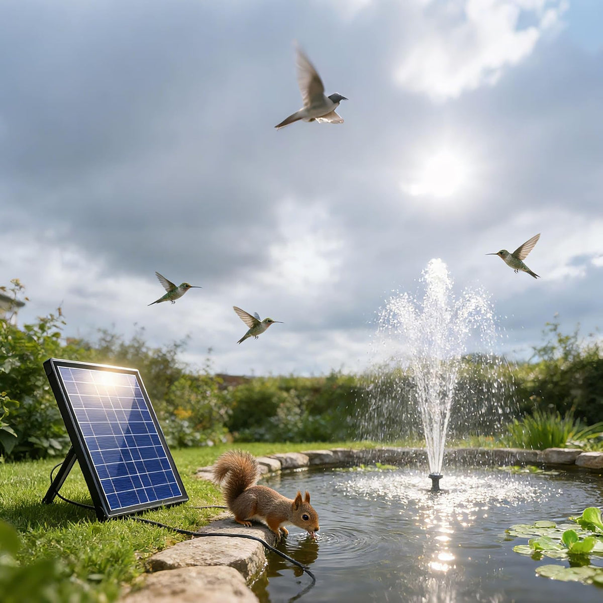 Solar Water Fountain 8W 3600mAh Battery Pump Garden Pond 600L Outdoor Biling