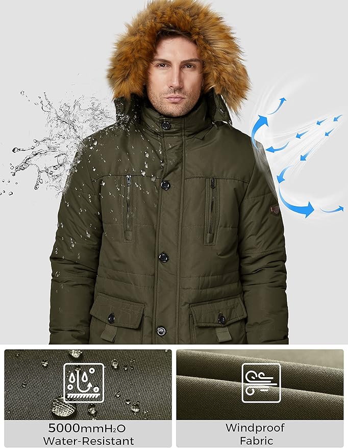 Mens Parka Jacket Fleece Lined Winter Removable Hood Army Green Size S WenVen
