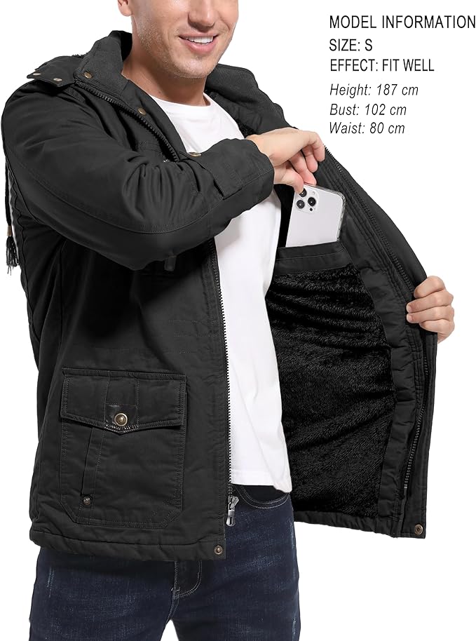 Mens Winter Coat Fleece Lined With Hood Black Outdoor Size L Kefitevd