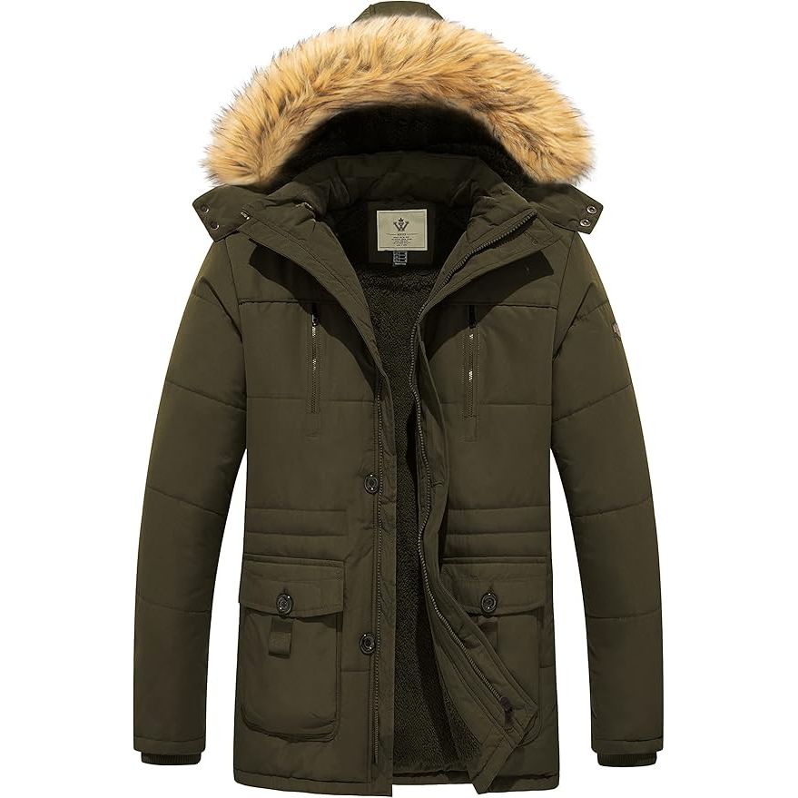 Mens Parka Jacket Fleece Lined Winter Removable Hood Army Green Size S WenVen