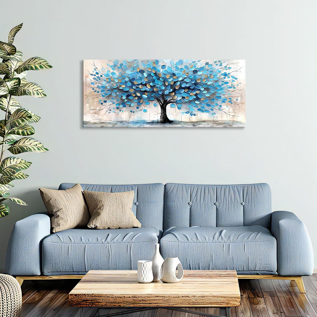 Framed Wall Art 50x120cm Blue Gold Abstract Trees Canvas Print FajerminArt Decor