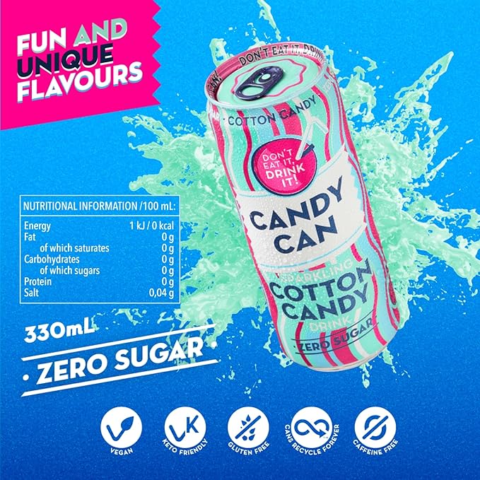 Candy Can, Cotton Candy, Fizzy Drink, Nostalgic American Soda Flavours, Sugar Free, Sparkling Pop Can