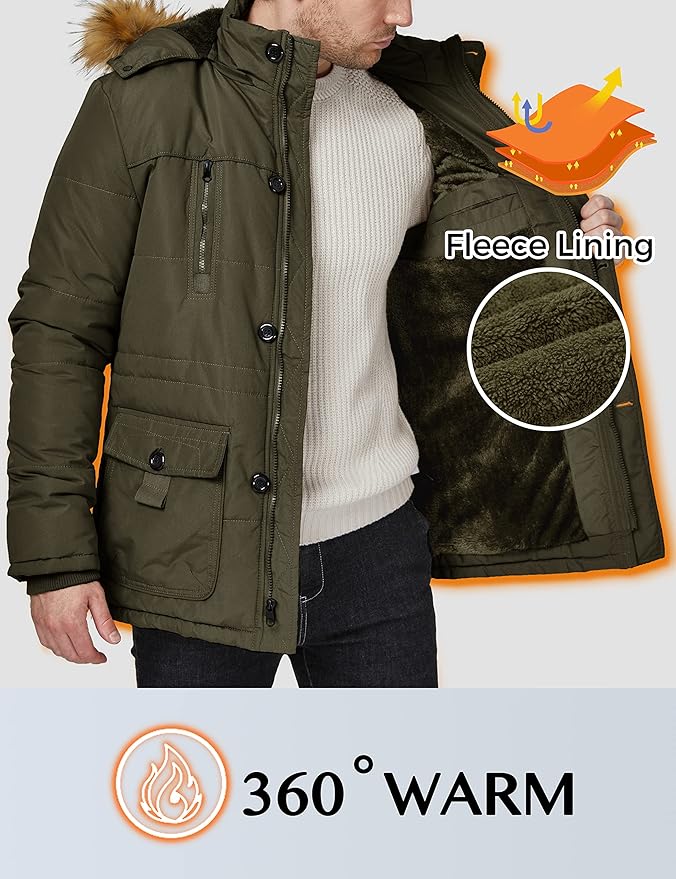 Mens Parka Jacket Fleece Lined Winter Removable Hood Army Green Size S WenVen