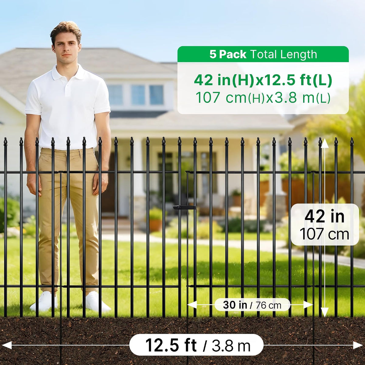 Metal Garden Fence 106cm Decorative 4 Panels 1 Gate Outdoor Animal Barrier Black
