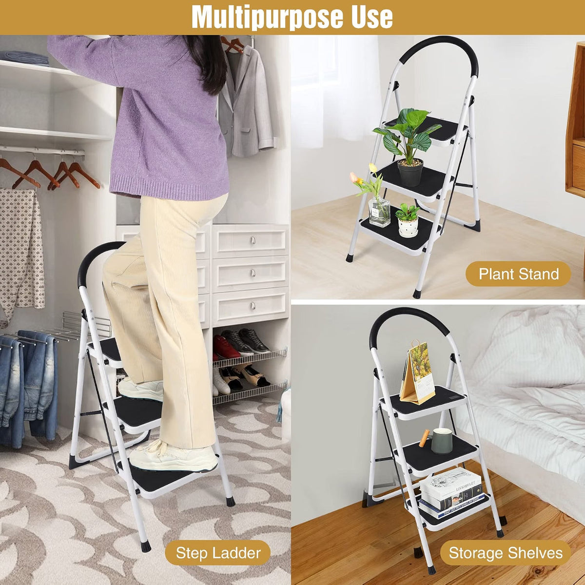 Folding Step Ladder 3 Step with Handrail Heavy Duty Kitchen Steps 330lbs REDCAMP