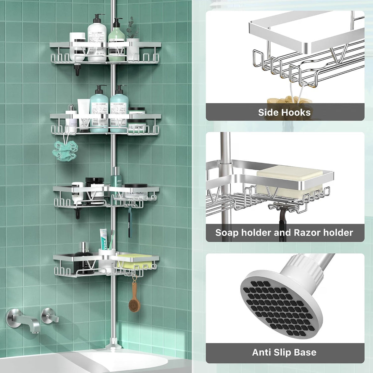 Corner Shower Caddy 25-114 Inch Telescopic 4 Basket No Drill Rustproof Silver Rack