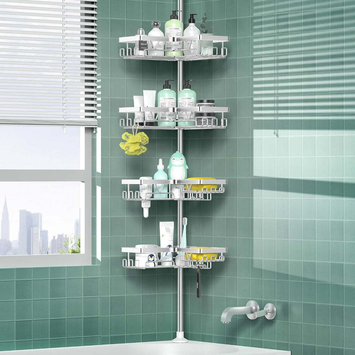 Corner Shower Caddy 25-114 Inch Telescopic 4 Basket No Drill Rustproof Silver Rack