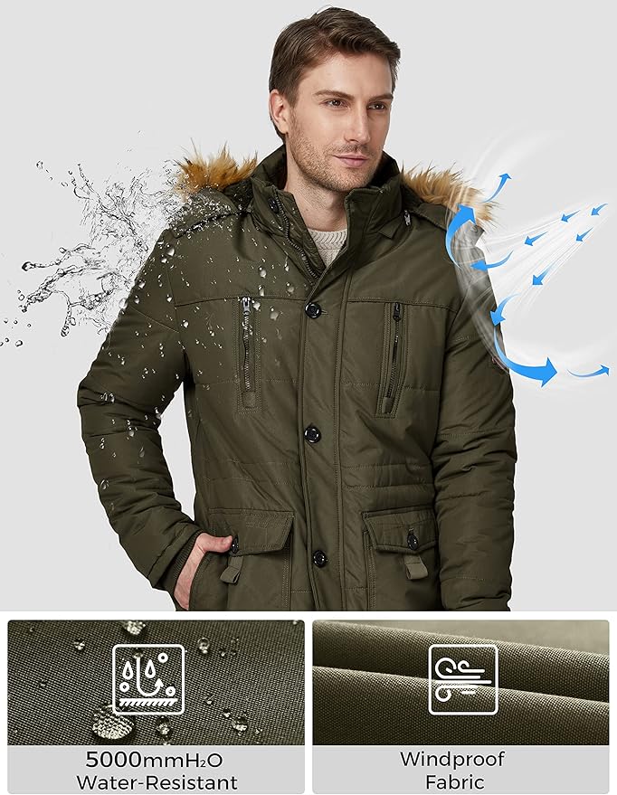 Mens Parka Jacket Fleece Lined Winter Removable Hood Army Green Size S WenVen