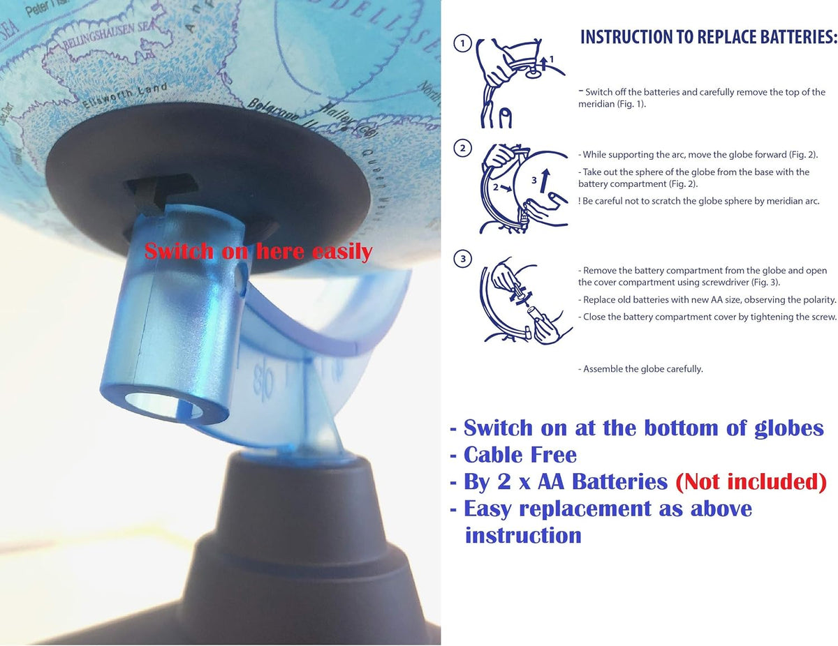 Educational Globe 25cm Relief World Map AR App Cordless LED Light Kids EXERZ