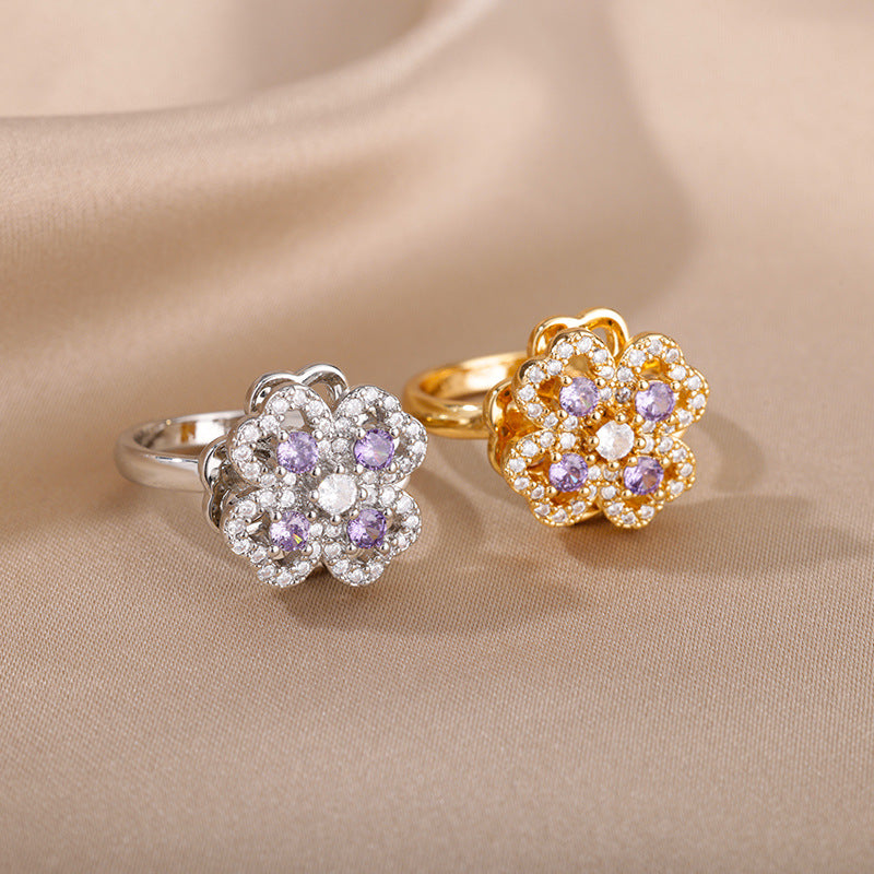 Rotatable Flower Fidget Ring - Rhinestone Spinner Ring