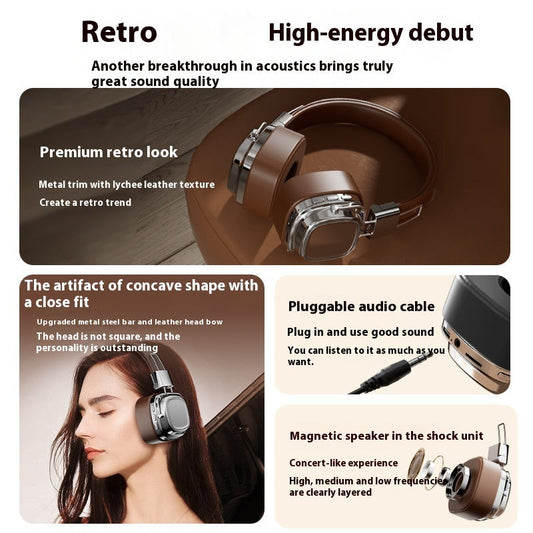 Premium Retro Wireless Bluetooth 5.3 Headphones - Over-Ear Bass Boost Headset with 200H Battery