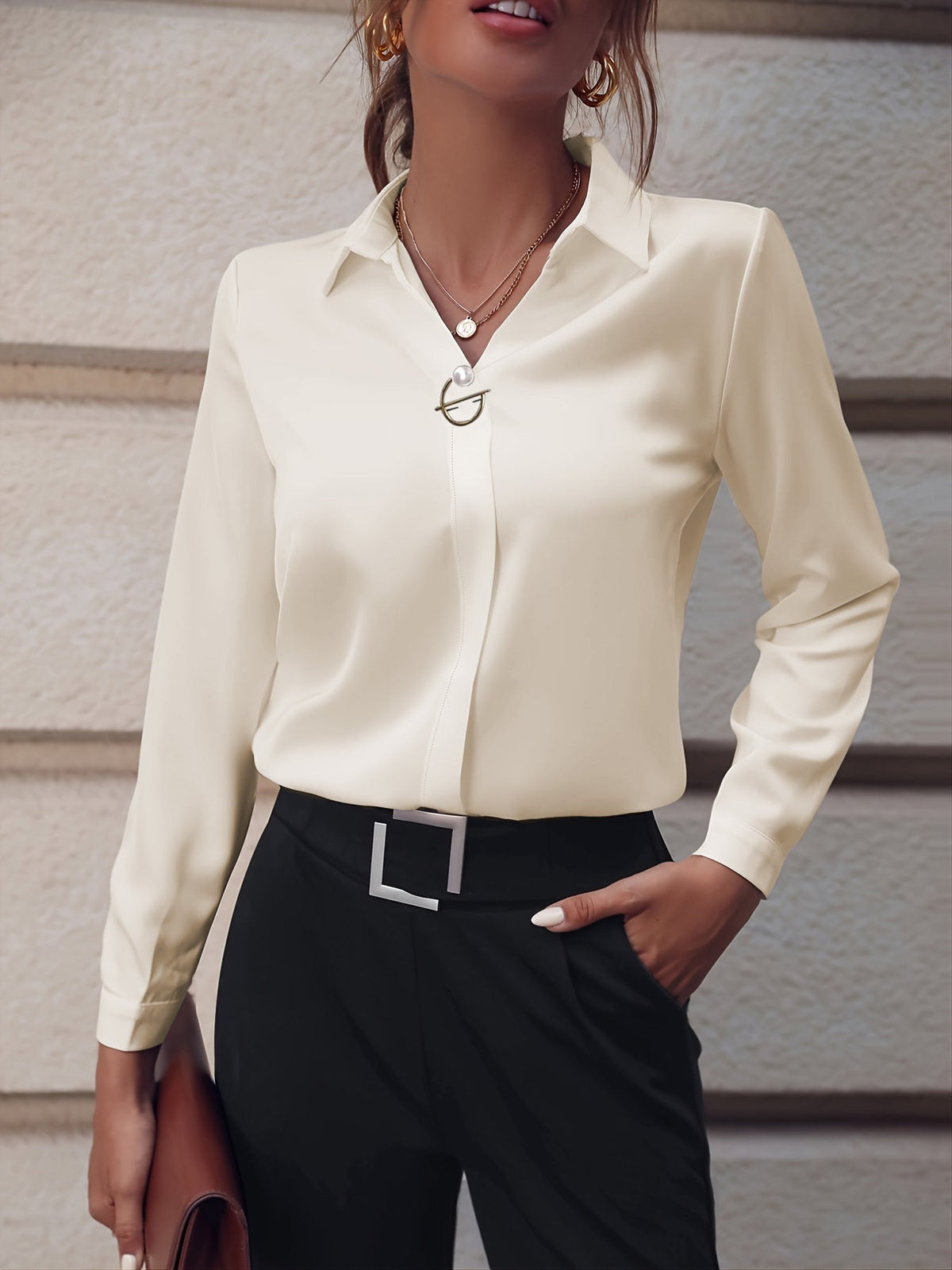 Commuter V-neck Long-sleeved Shirts Ins Fashion Solid Color Pullover Top Autumn And Spring Women's Clothing