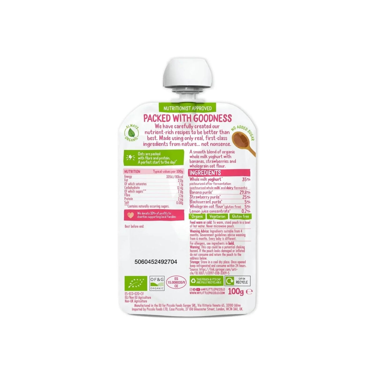 Piccolo Organic Brekkie Strawberry & Banana 6+ months 100g