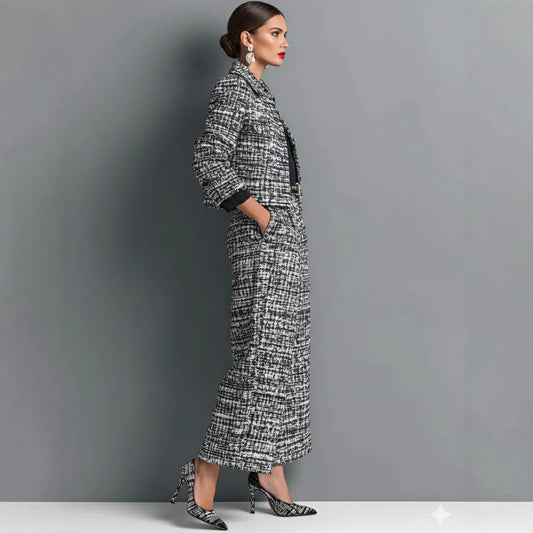 Women's Plaid Notched Lapel Cardigan Jacket and Wide-Leg Trousers Set