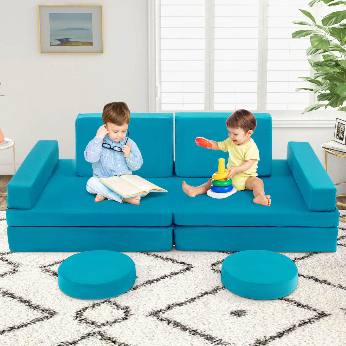 8-Piece Kids Play Couch Sofa with Portable Handle-Blue