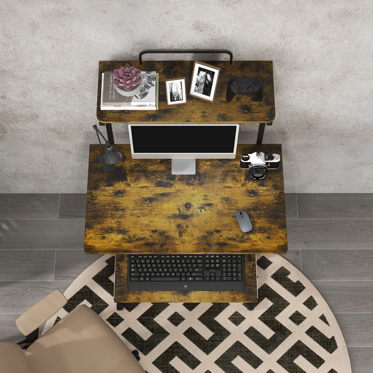 HOMCOM Rolling Computer Desk with Keyboard Tray Storage Shelves Rustic Brown
