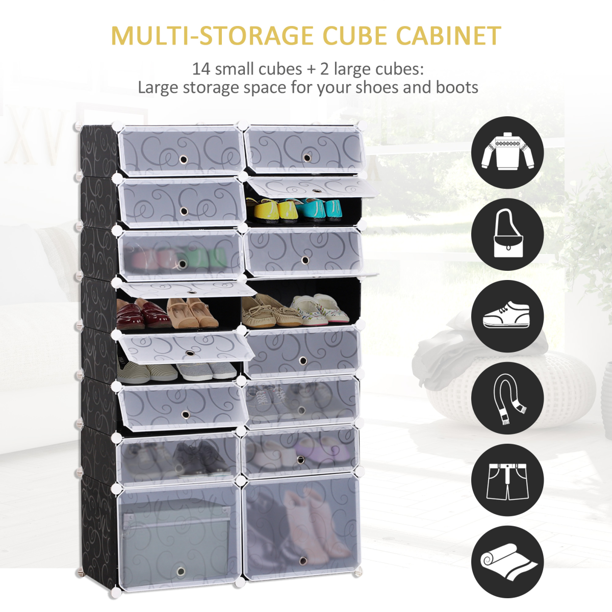Large 16-Cube DIY Shoes Rack Portable Interlocking Plastic Cabinet Bedroom