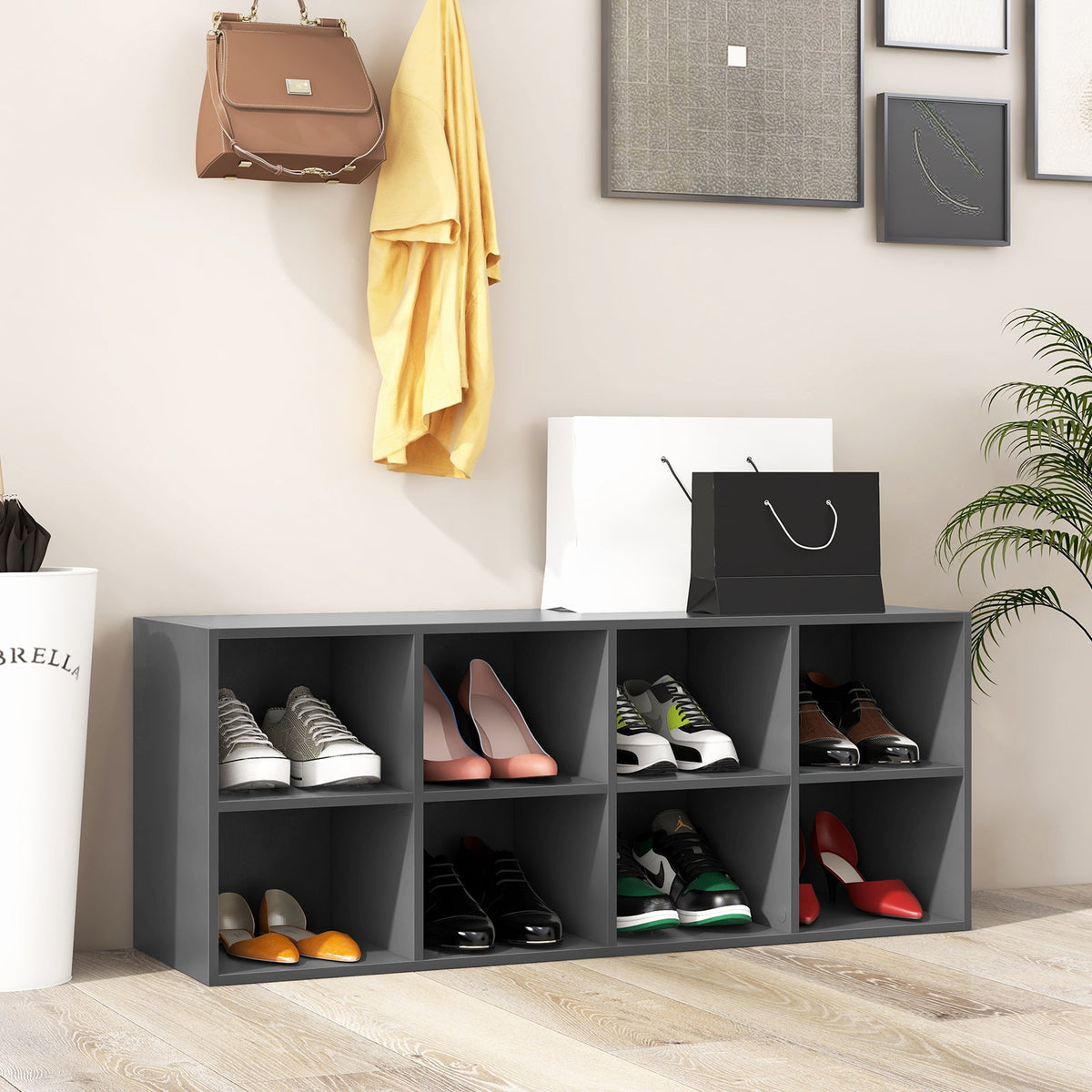 8 Grid Shoe Bench 2 in 1 Shoe Organizer with 8 Storage Cubbies-Black