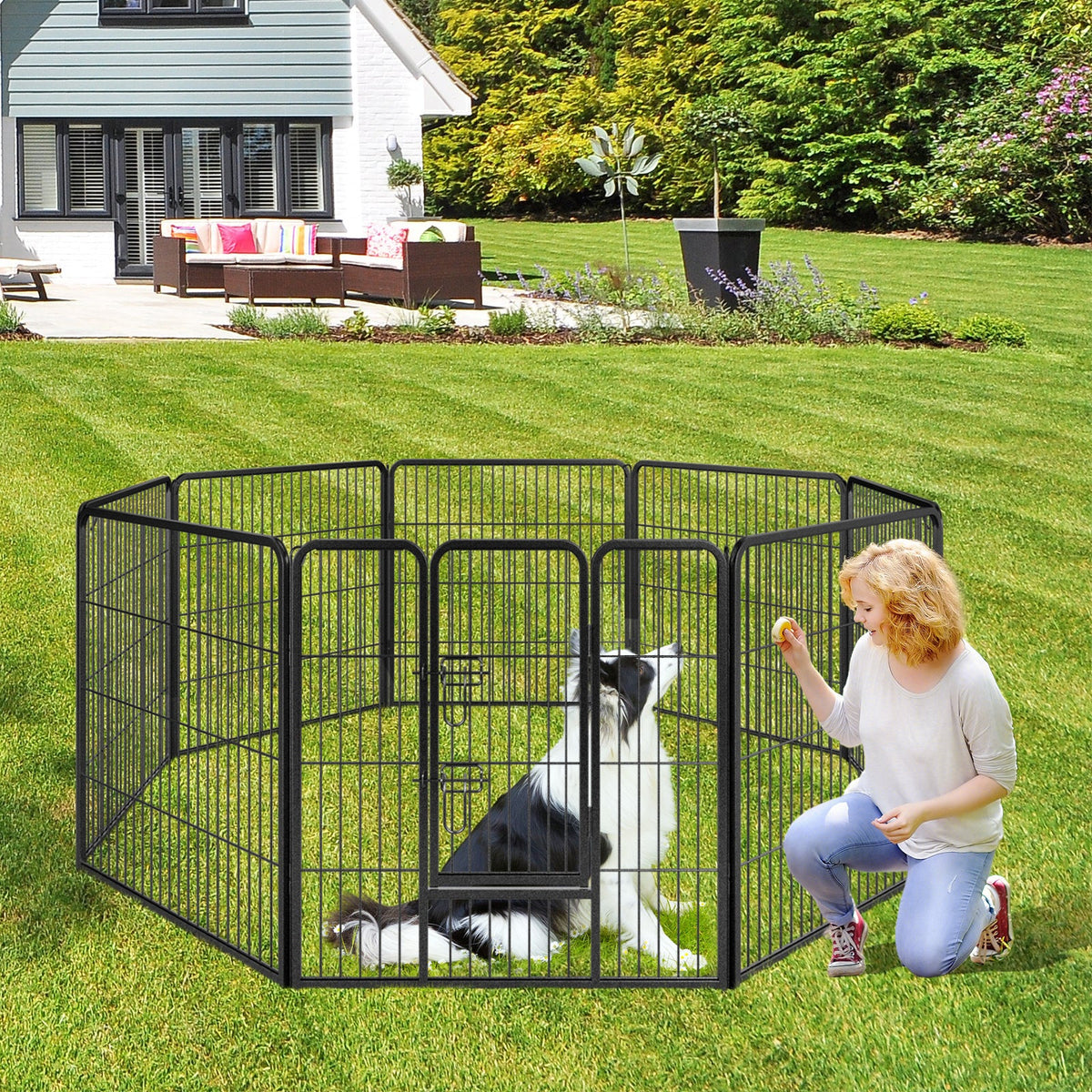 8 Panel 60cm/80cm Height Pen Fence with Lock and Large Door-Black-80 cm