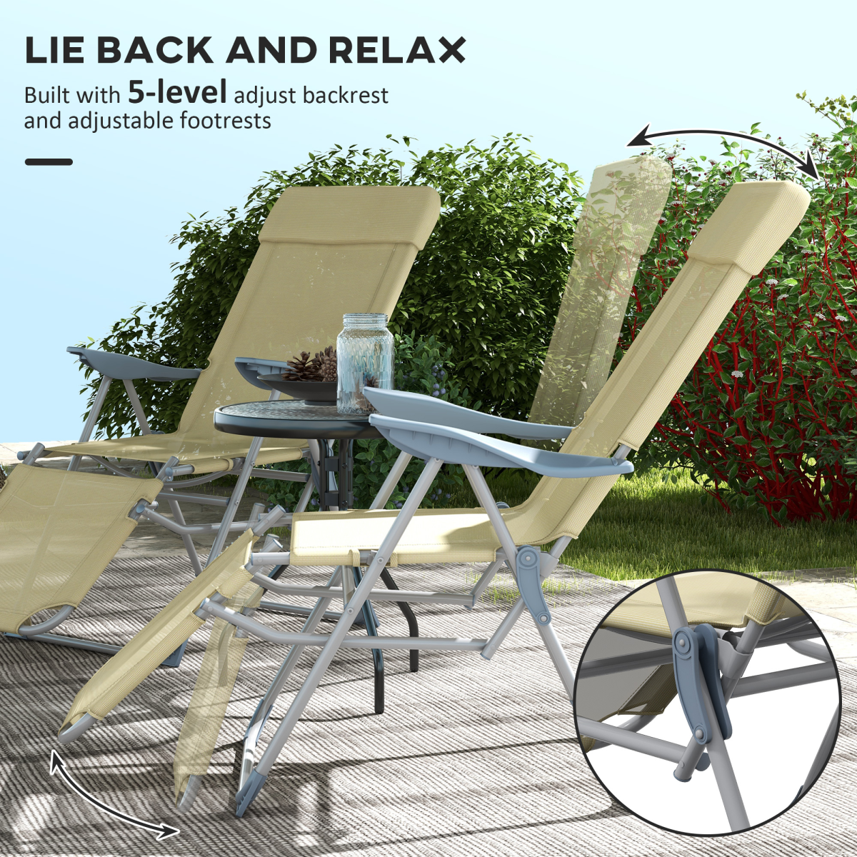 Outsunny Reclining Garden Chairs Set of 2 with 5-level Adjustable Backrest Beige