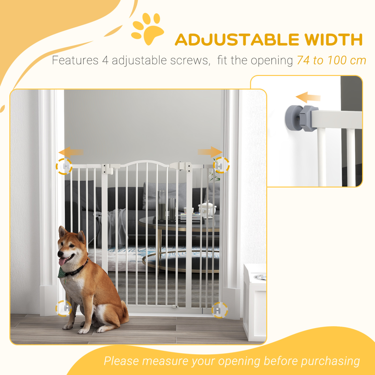 PawHut 74-100cm Adjustable Metal Pet Gate Safety Barrier w/Auto-Close Door White