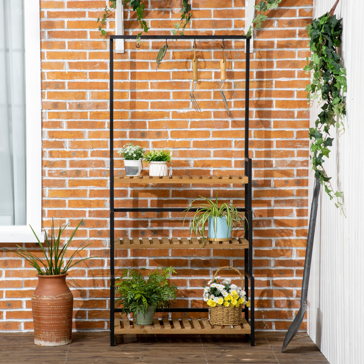 3 Tiered Plant Stand Rack with Hanging Hooks for Indoor Outdoor Decoration