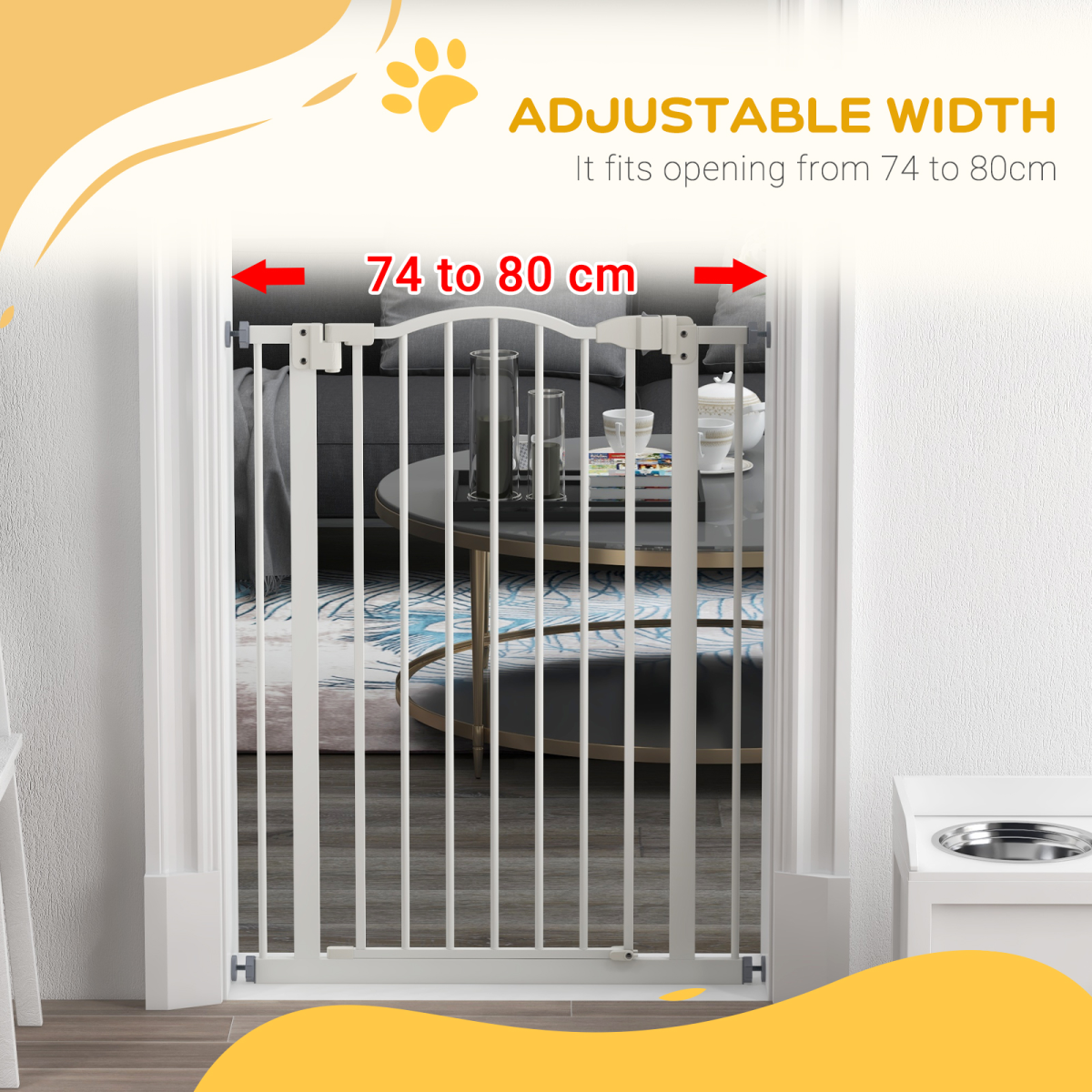 PawHut 74-80cm Adjustable Metal Pet Gate Safety Barrier w/ Auto-Close Door White