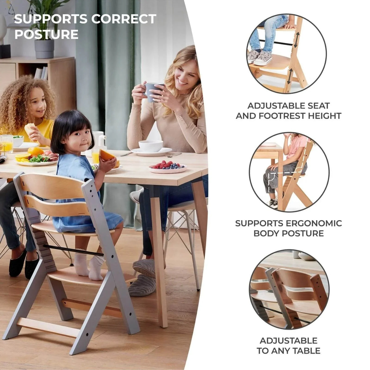 Kinderkraft Enock Wooden Highchair - Full Grey