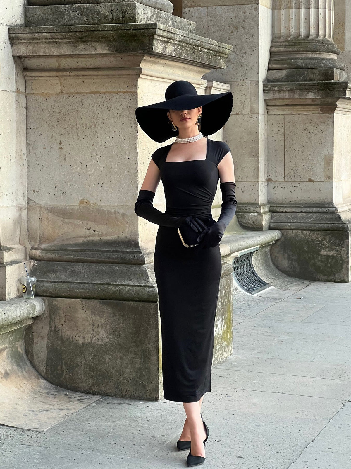 Black Square Neck Hip Wrap Dress With Gloves