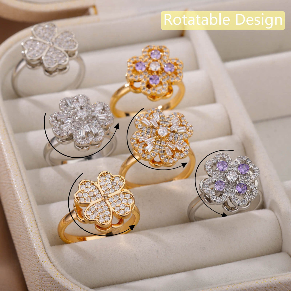 Rotatable Flower Fidget Ring - Rhinestone Spinner Ring