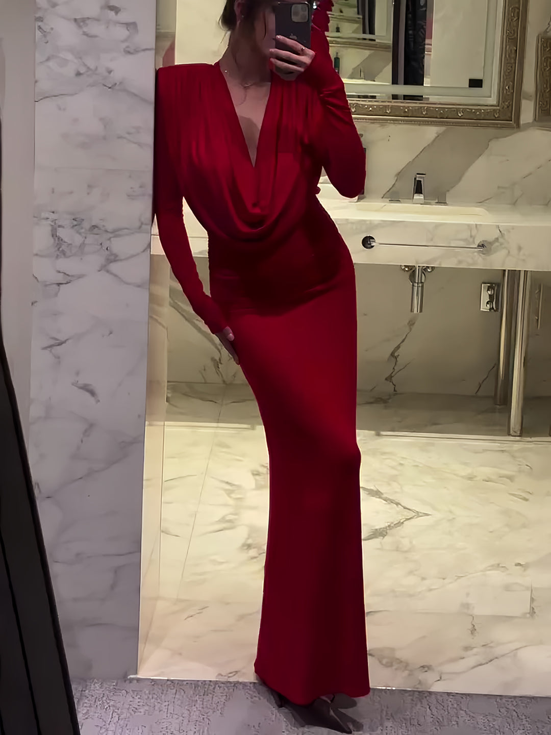 Red Swing Neck Long Sleeve Slim Dress
