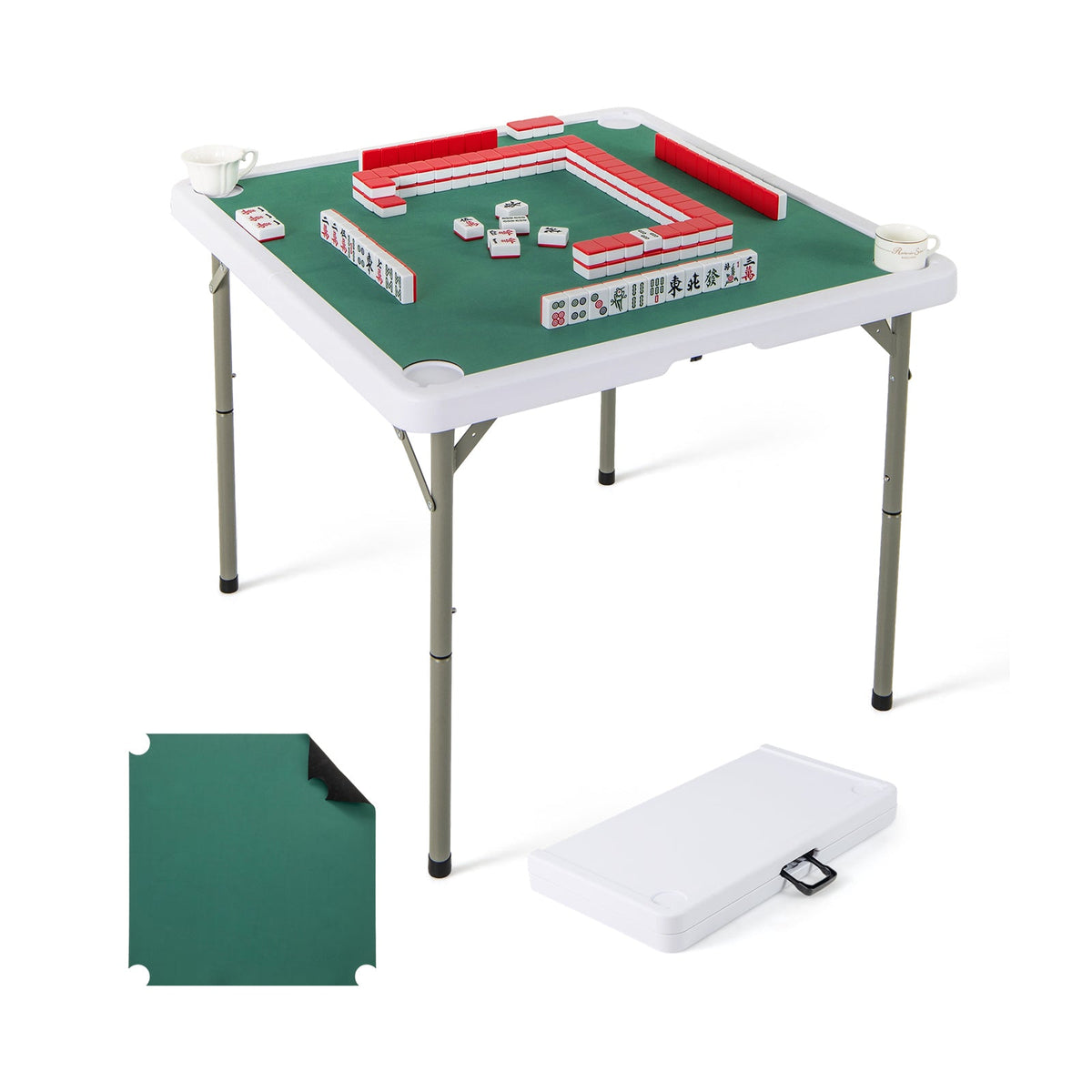 Folding Mahjong Table with Cup Holders and Removable Game Mat-Blue