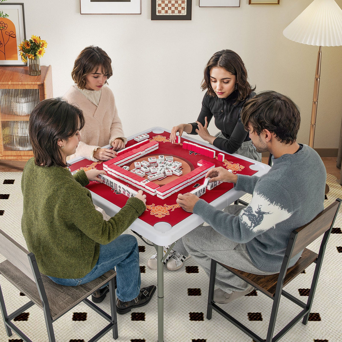 Folding Mahjong Table with Cup Holders and Removable Game Mat-Blue