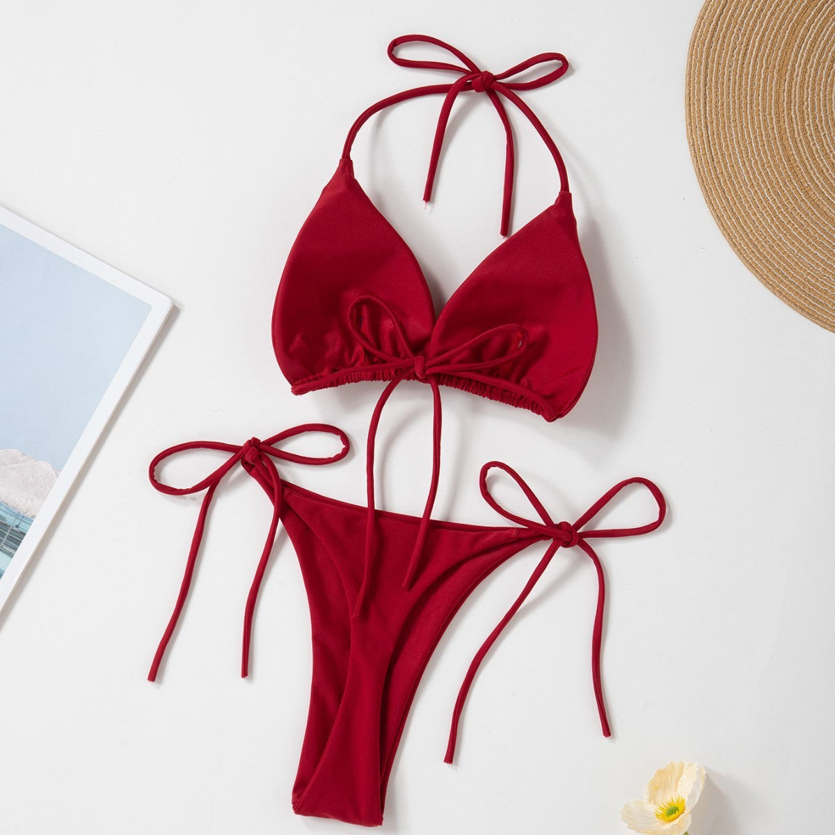 Solid Color Sexy Lace-up Hot Girl Temperament Women's Bikini Swimsuit