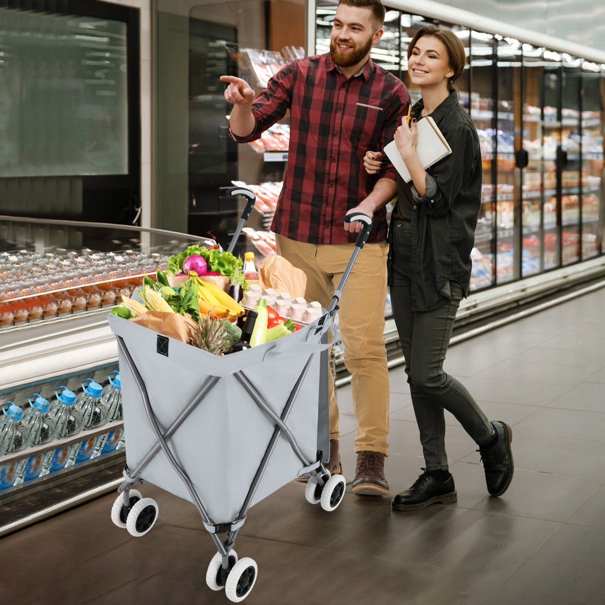 90L Folding Shopping Trolley with Removable Waterproof Bag and Cove-Black