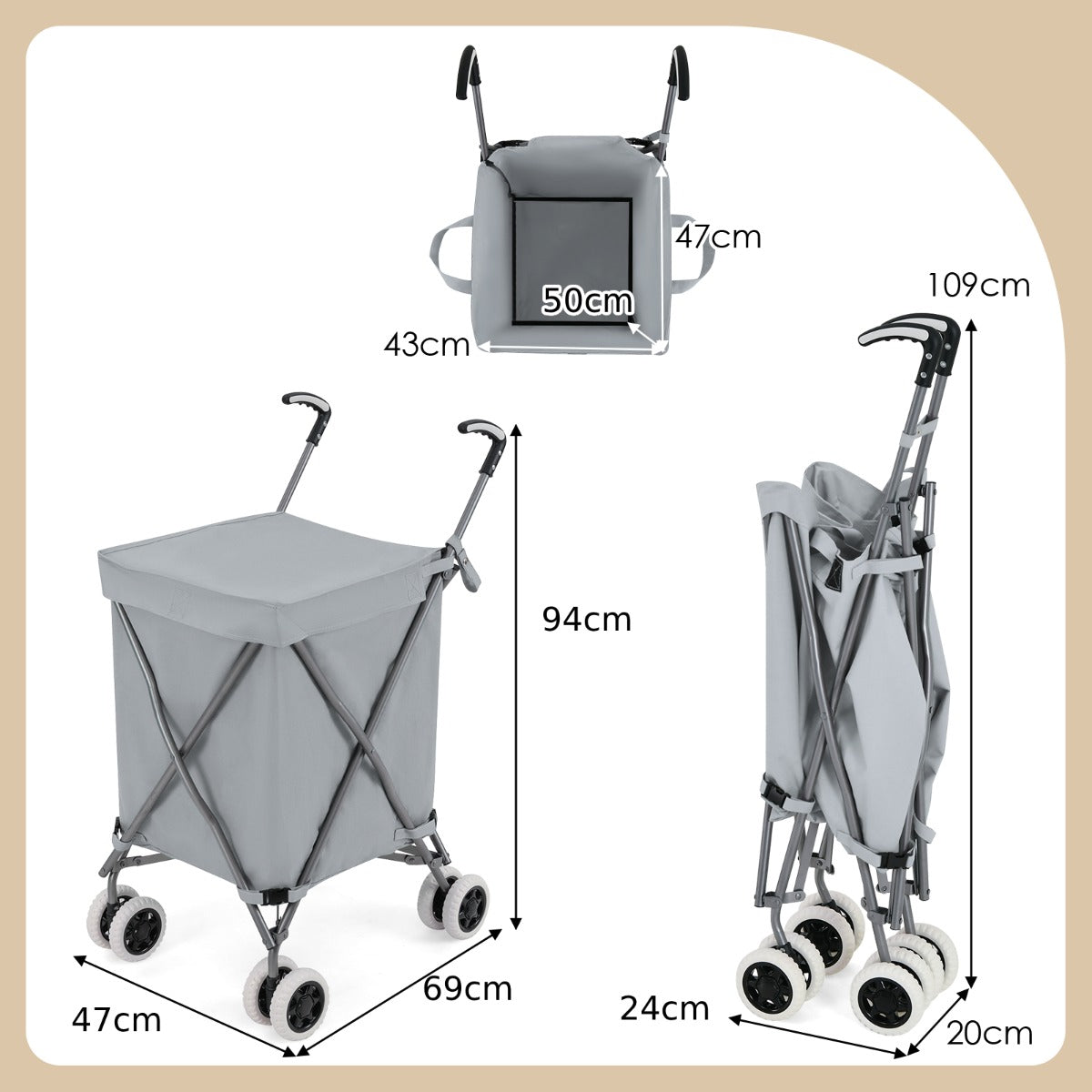 90L Folding Shopping Trolley with Removable Waterproof Bag and Cove-Black