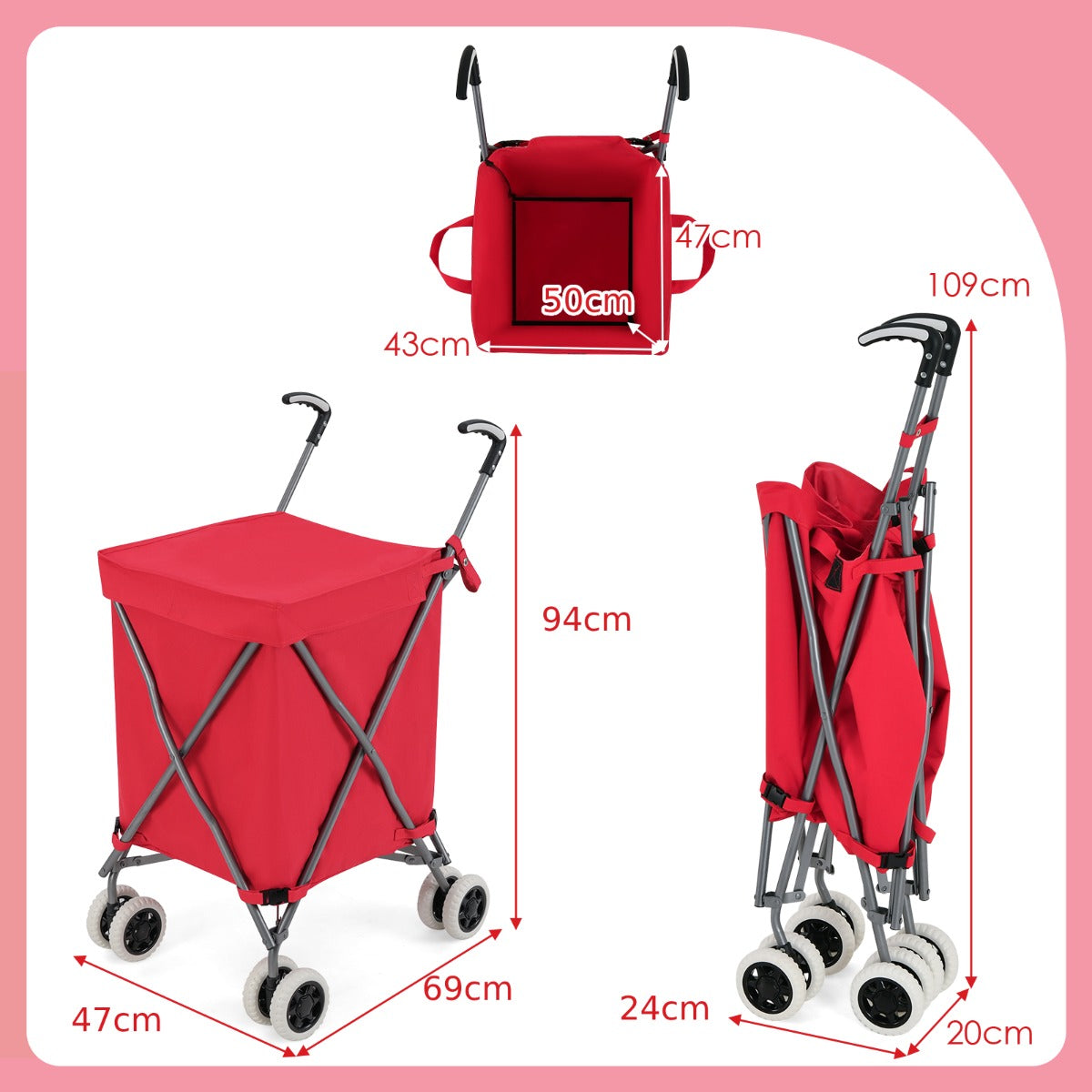 90L Folding Shopping Trolley with Removable Waterproof Bag and Cove-Black