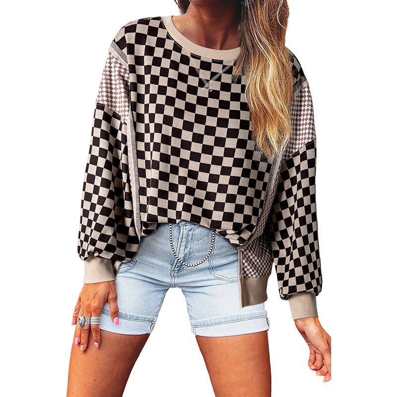 Women's Simple And Versatile Round-Neck Plaid Patchwork Pullover