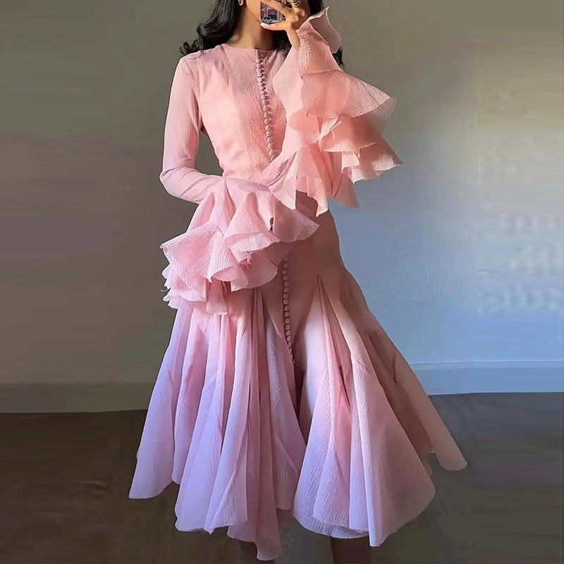 New Fashion High Collar Long Sleeve High Sense Cinched Mid-length Dress