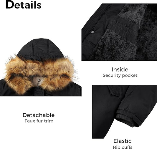 Womens Winter Fleece Coat Parka Cotton Jacket Faux Fur Hood Size XL, Black