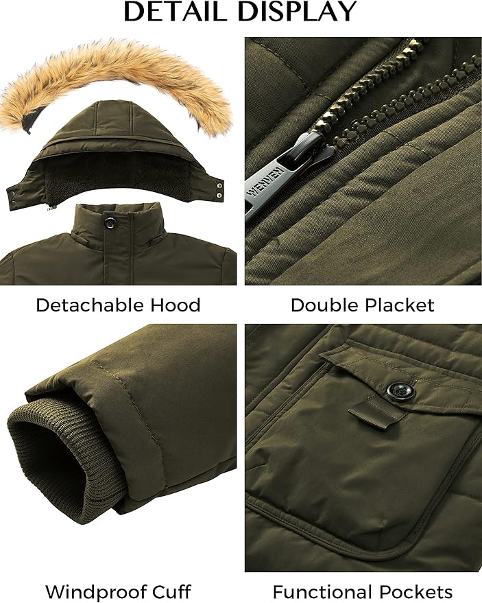 Mens Parka Jacket Fleece Lined Winter Removable Hood Army Green Size S WenVen