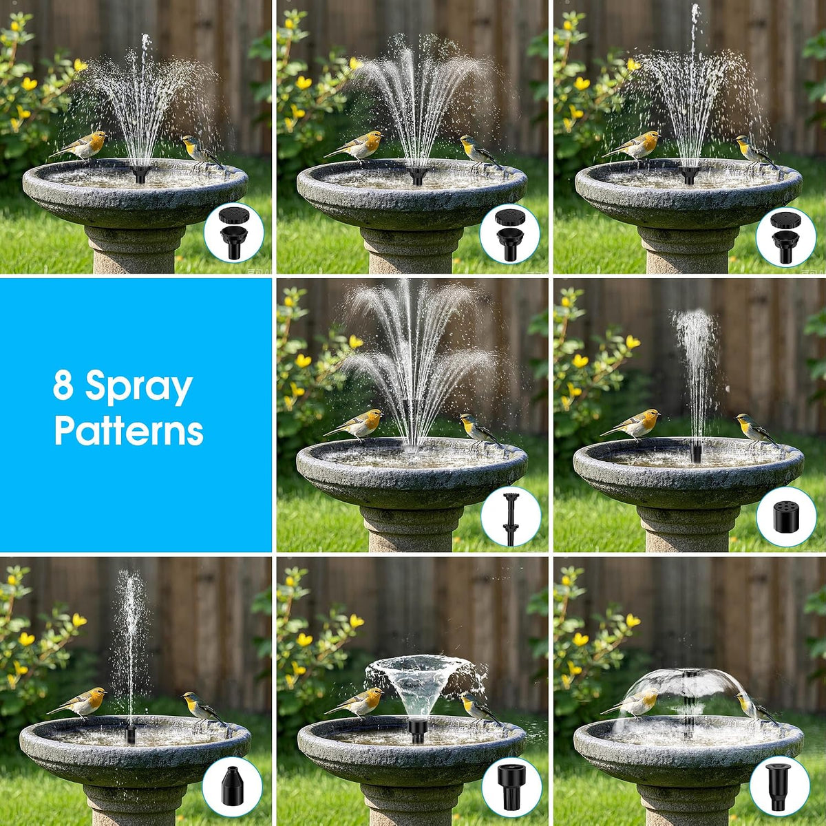 Solar Water Fountain 8W 3600mAh Battery Pump Garden Pond 600L Outdoor Biling