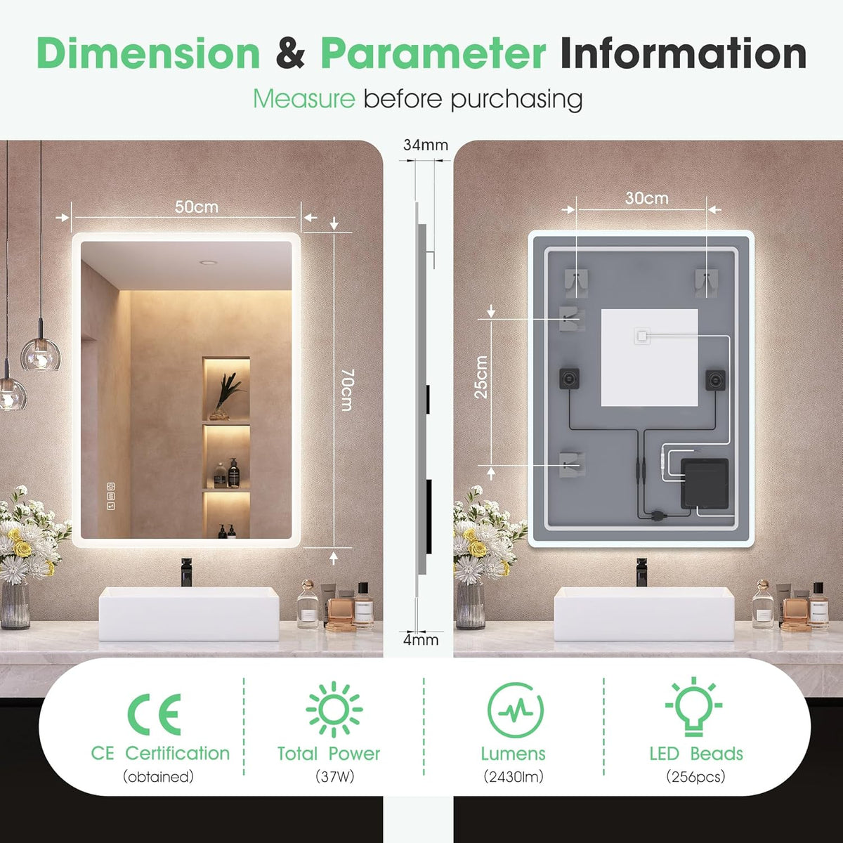 Bluetooth Bathroom LED Mirror 500x700 Anti Fog Dimmable S'bagno