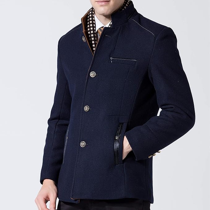 Mens Wool Coat Winter Overcoat Stand Collar Scarf Navy Blue Size M Biutimarden